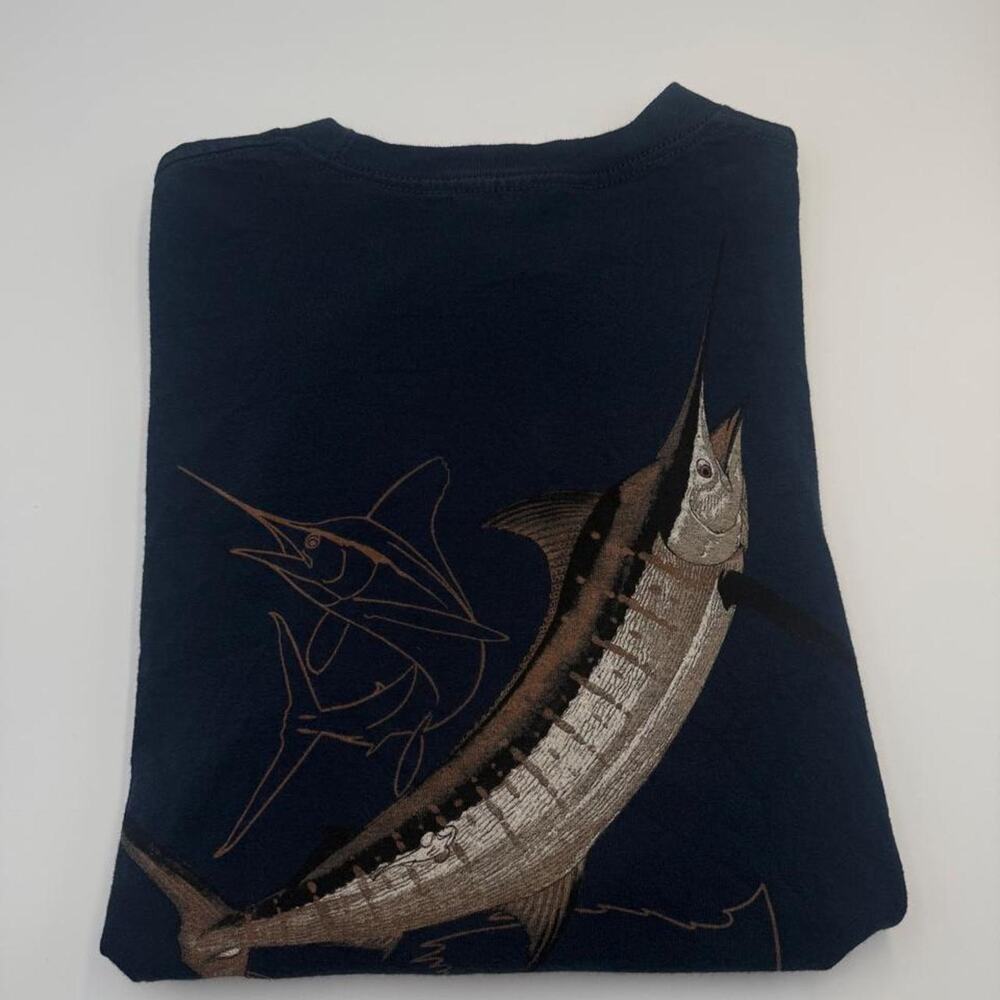 2007 Navy Guy Harvey long sleeve marlin shirt. Fits medium spots near collar
